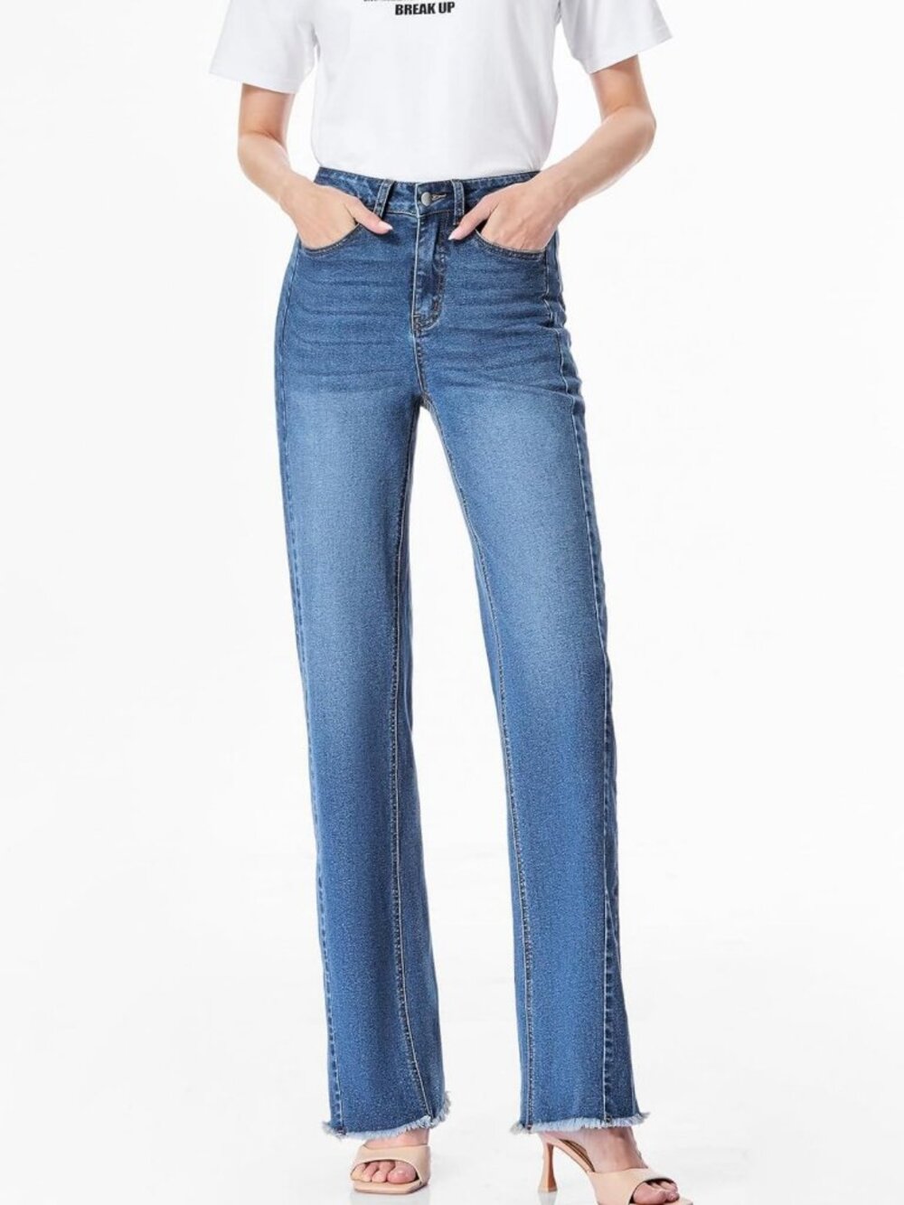 High-Waisted Wide Leg Jeans for Women | Stretchy Raw Hem Denim Pants - Picture 5 of 9